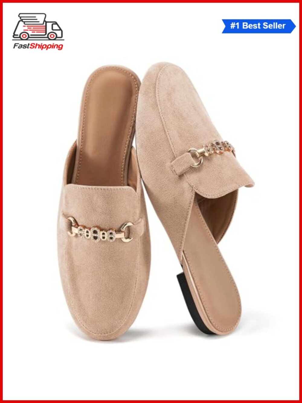 Faux Suede Mules for Women Slip On Comfortable Crystal Buckle Low Heel Shoes